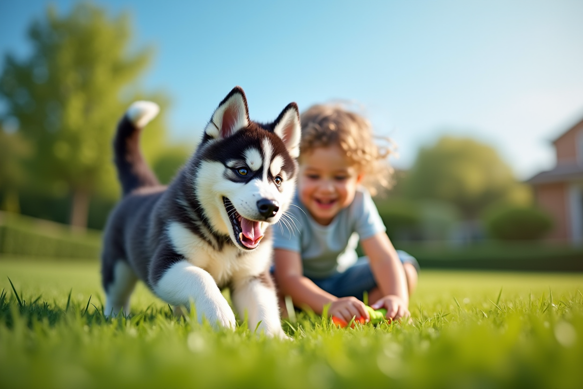 Enfant jouant avec un husky dans le jardin ensoleille