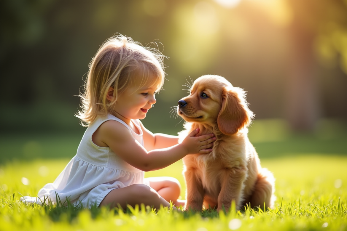Jeune enfant caressant un chiot cocker spaniel en plein air