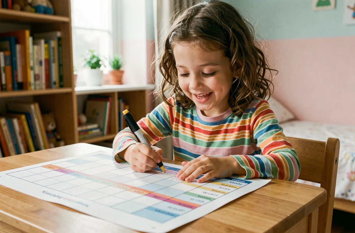 Jeune fille dessinant sur un planning enfant imprimé coloré à son bureau en bois