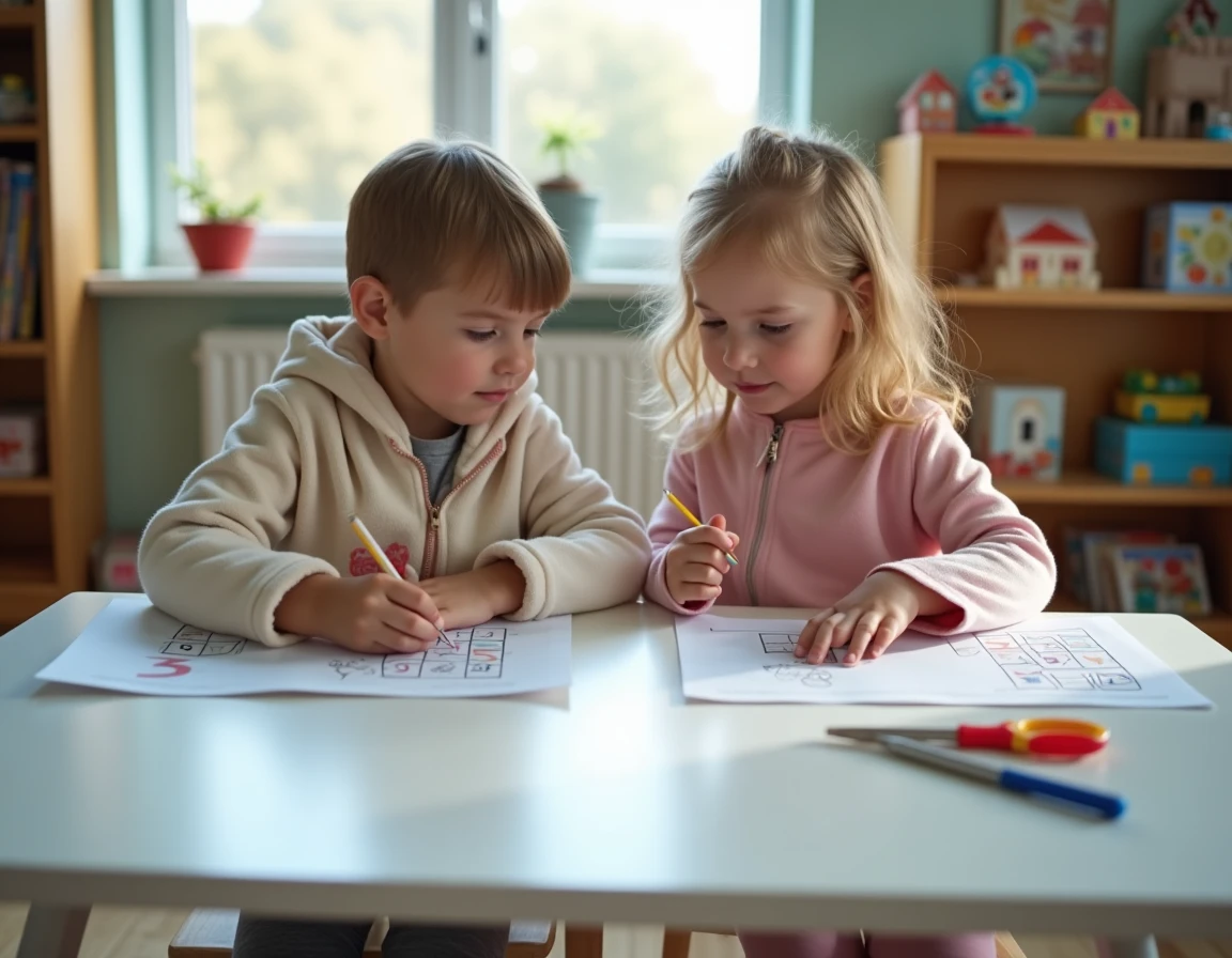 Deux enfants de 4 ans réalisant des activités imprimées ensemble dans une salle de jeux pendant un mercredi pluvieux