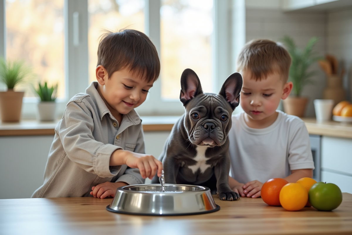 Deux enfants donnant à boire à un bulldog français dans une cuisine lumineuse
