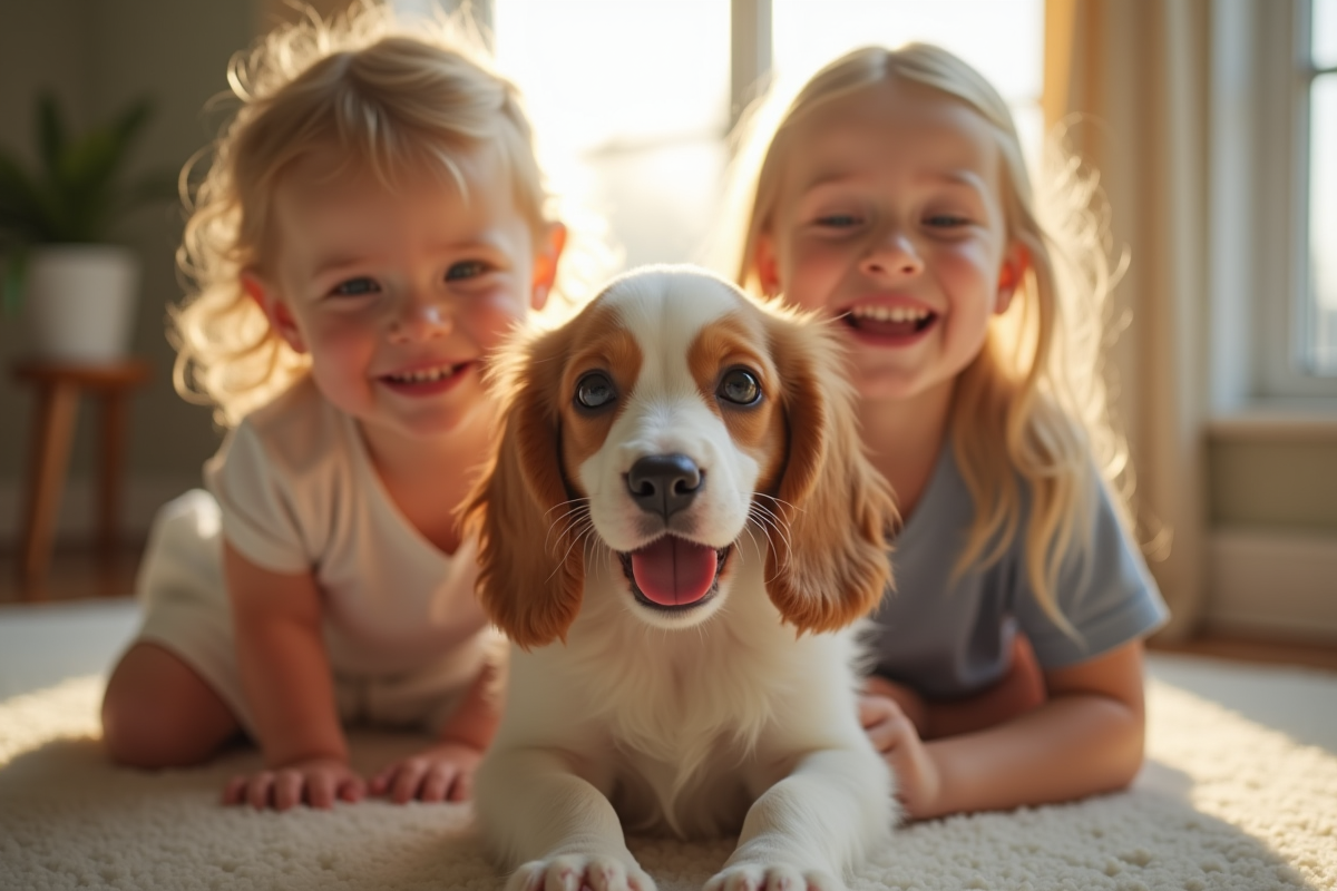 Deux enfants jouant avec un chiot cocker en intérieur