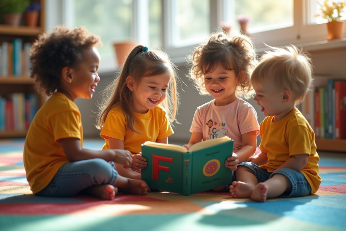 Groupe d'enfants riant en lisant un livre alphabet coloré