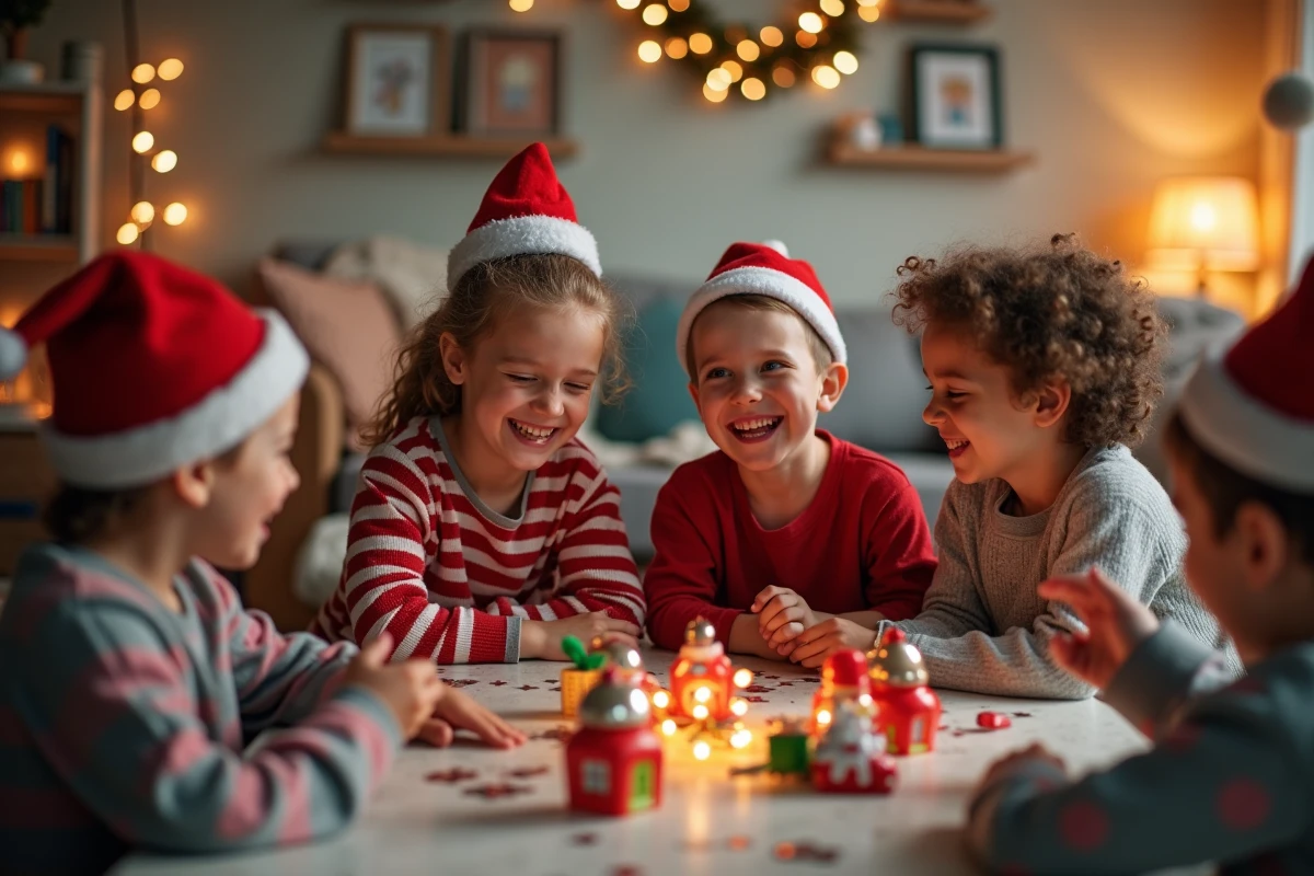 Enfants en pyjamas festifs rient autour d'une table décorée