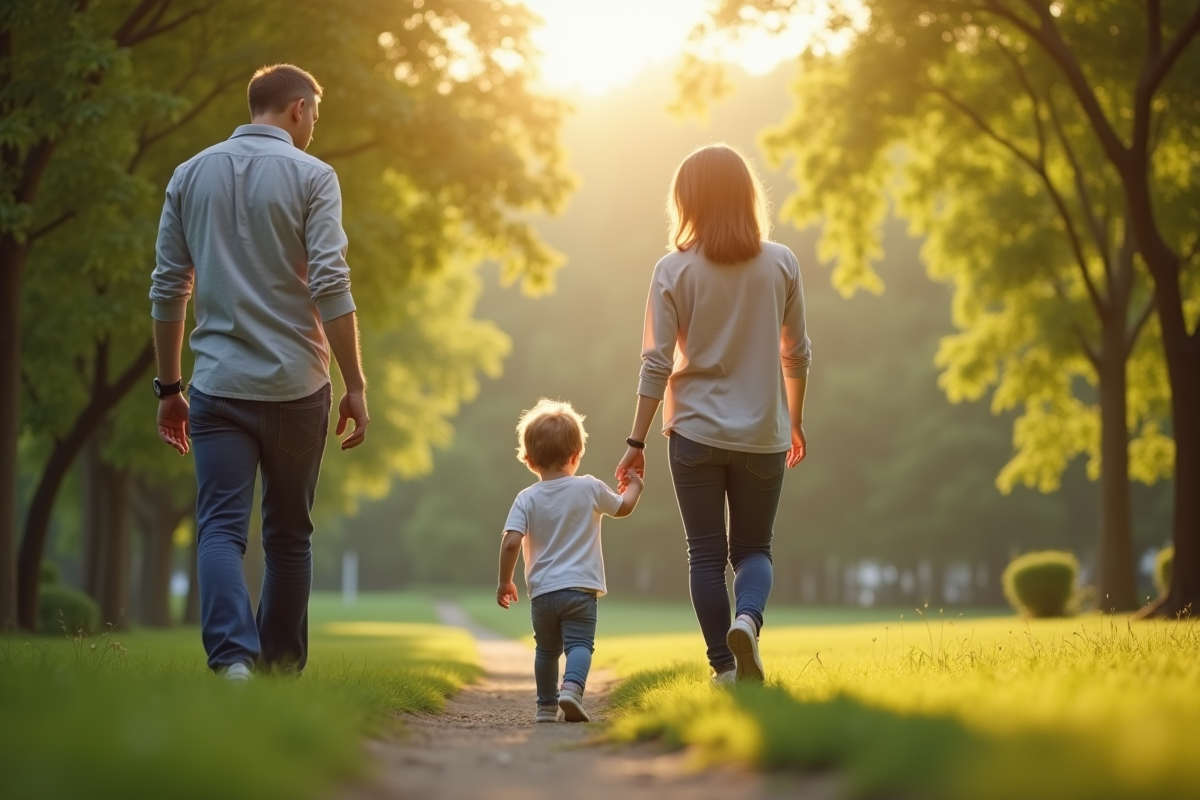Enfant et parents dans un parc avec lumière douce et ambiance tendre
