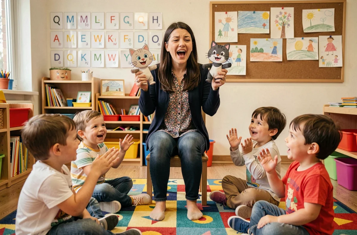 Enseignante de maternelle avec des marionnettes de chats chantant une comptine devant des enfants assis en demi-cercle dans une salle de classe colorée