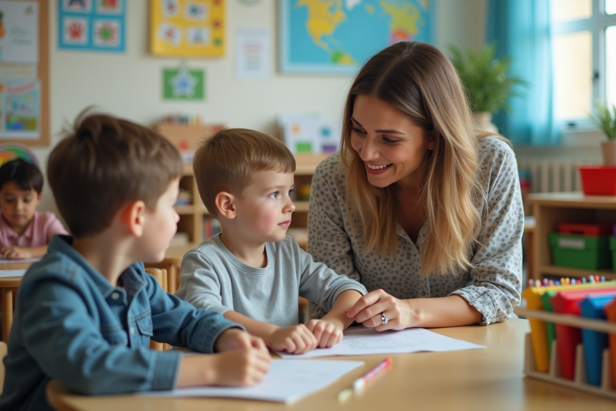 Enseignante aidant un enfant à parler en classe