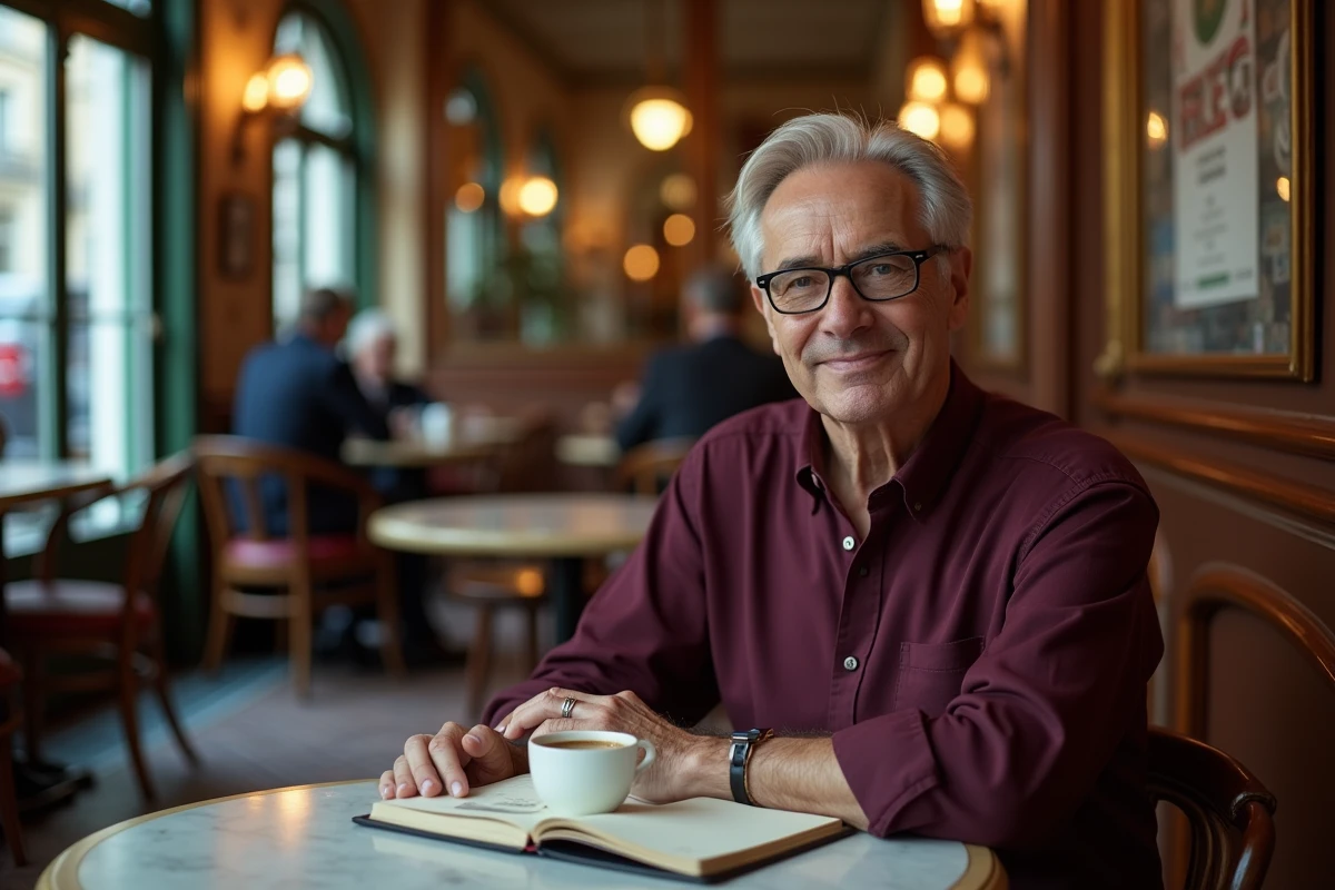 Expert français attablé dans une brasserie parisienne traditionnelle avec carnet et espresso, portrait intimiste évoquant la personnalité publique dans sa vie quotidienne