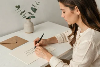 Femme écrivant à la plume un faire-part de naissance chic sur papier coton crème dans un bureau minimaliste scandinave