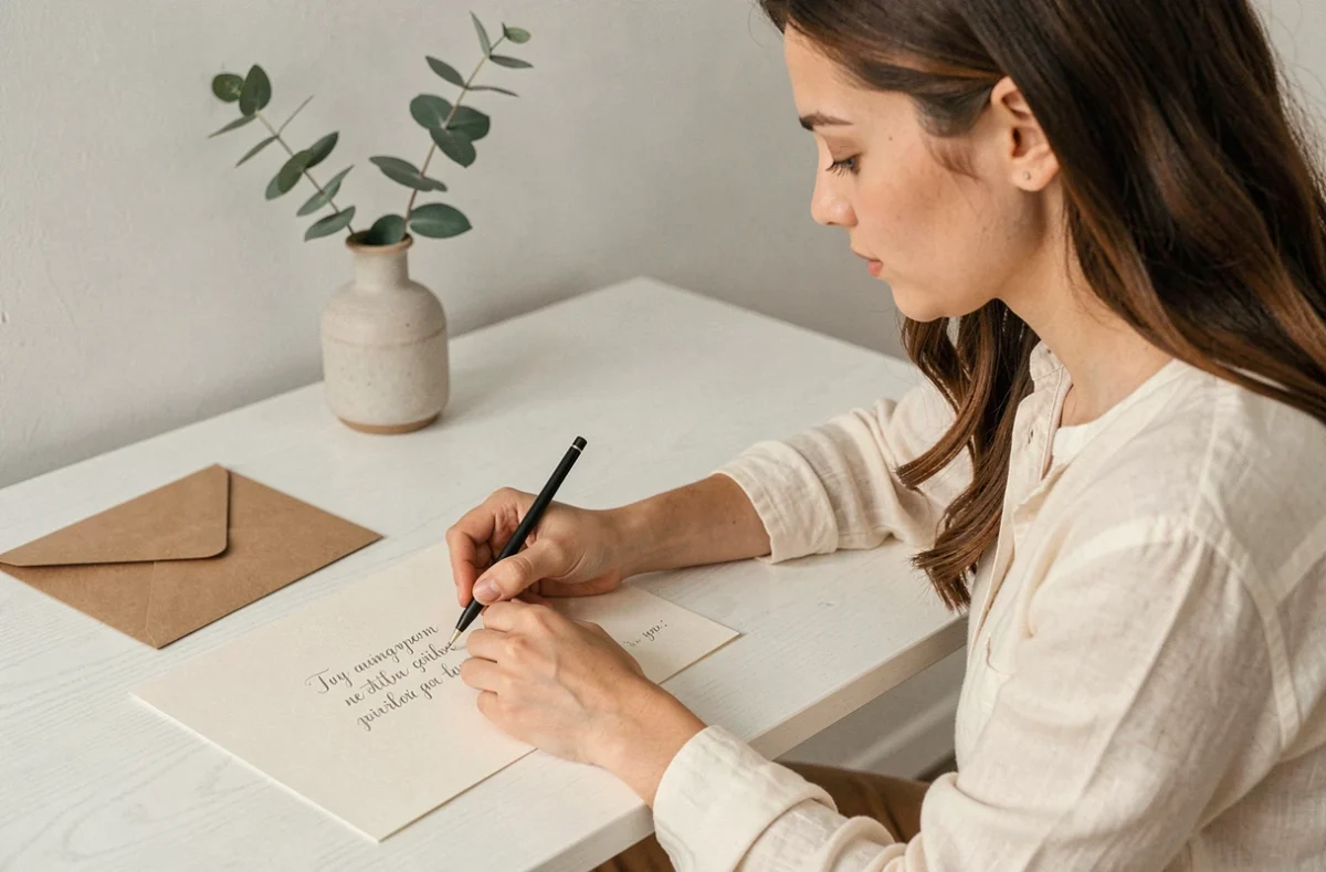 Femme écrivant à la plume un faire-part de naissance chic sur papier coton crème dans un bureau minimaliste scandinave