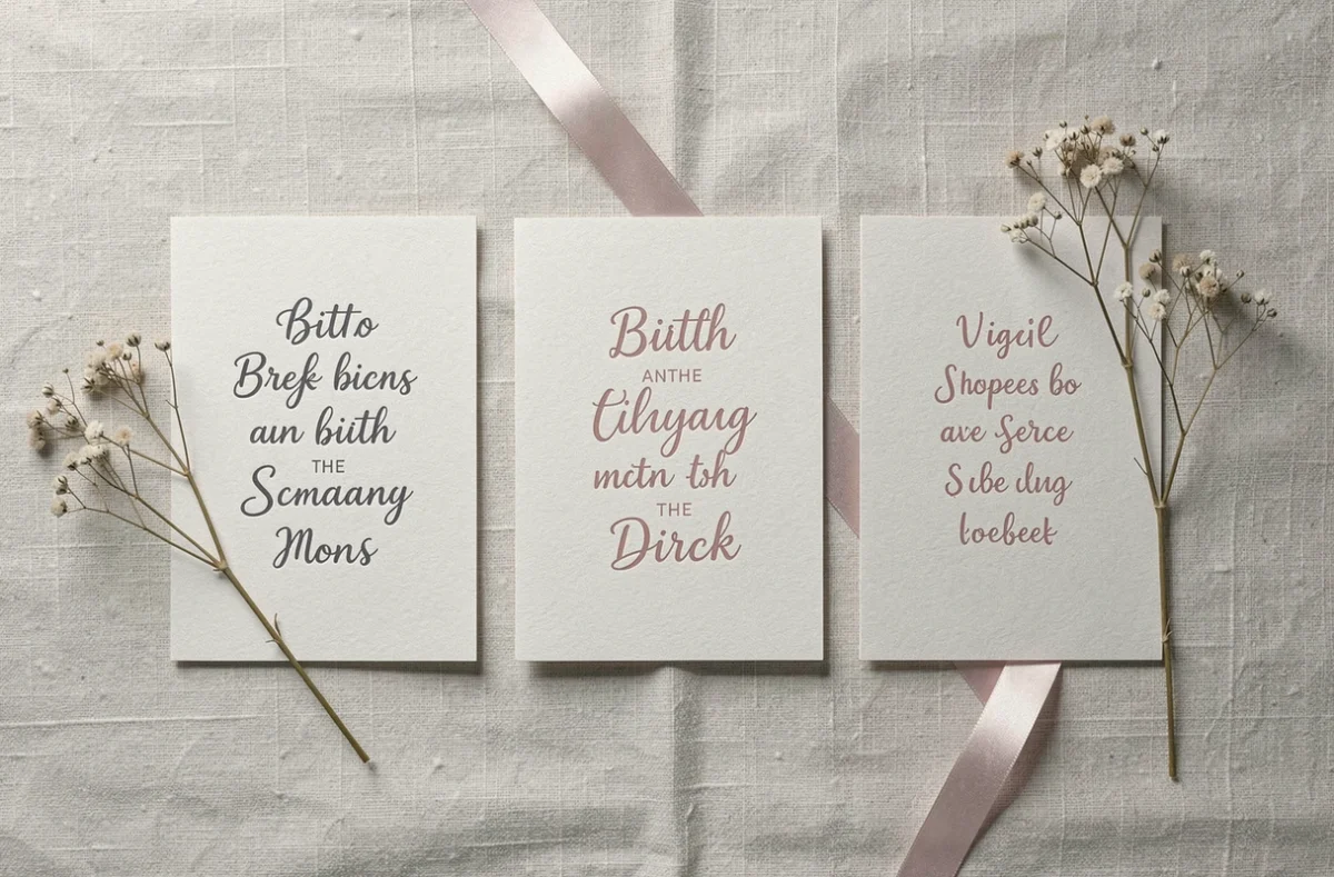 Flat-lay de trois faire-parts de naissance minimalistes et élégants posés sur du lin texturé avec des fleurs séchées