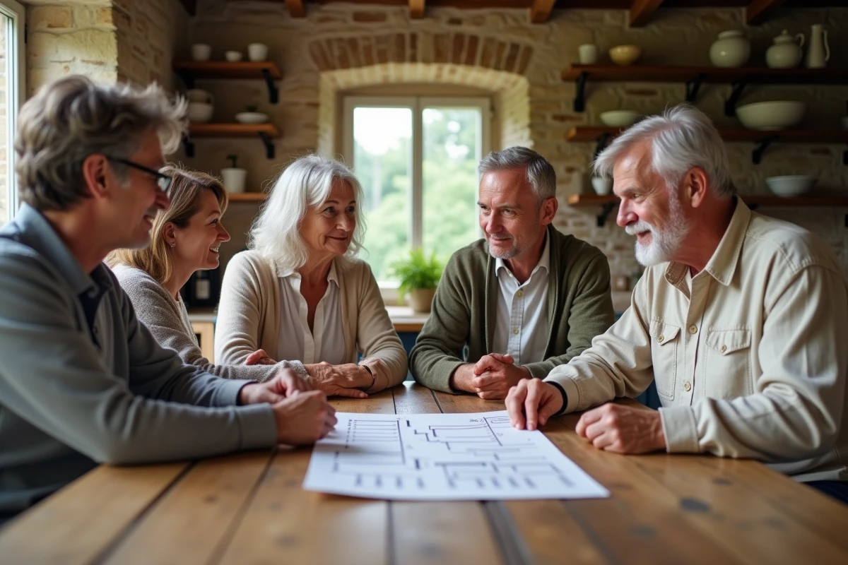 Famille multigénérationnelle française examinant un arbre généalogique dans une ferme normande, illustrant les liens familiaux et la consanguinité en France