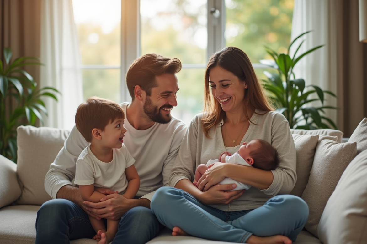 Famille heureuse dans un salon moderne en lumière naturelle