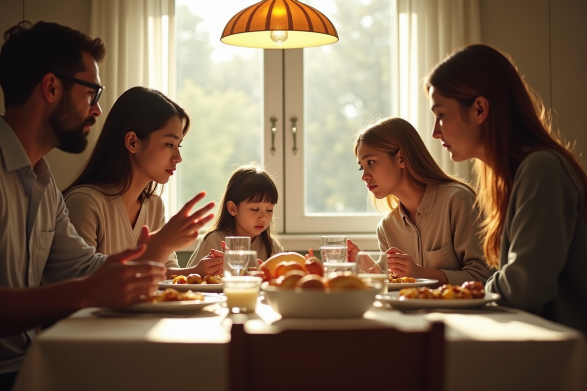 Famille à table avec tension et distance émotionnelle