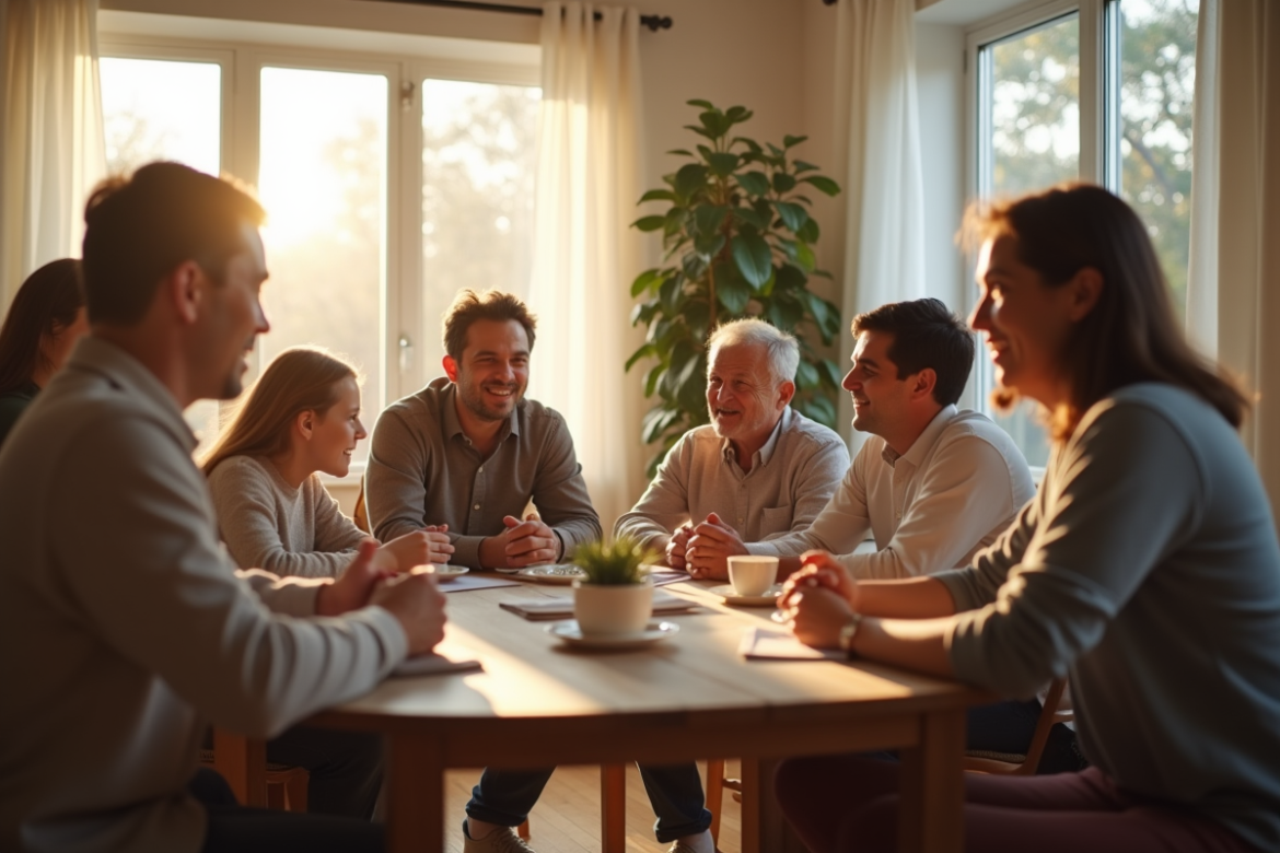 Famille multigenerationale discutant autour d'une table lumineuse