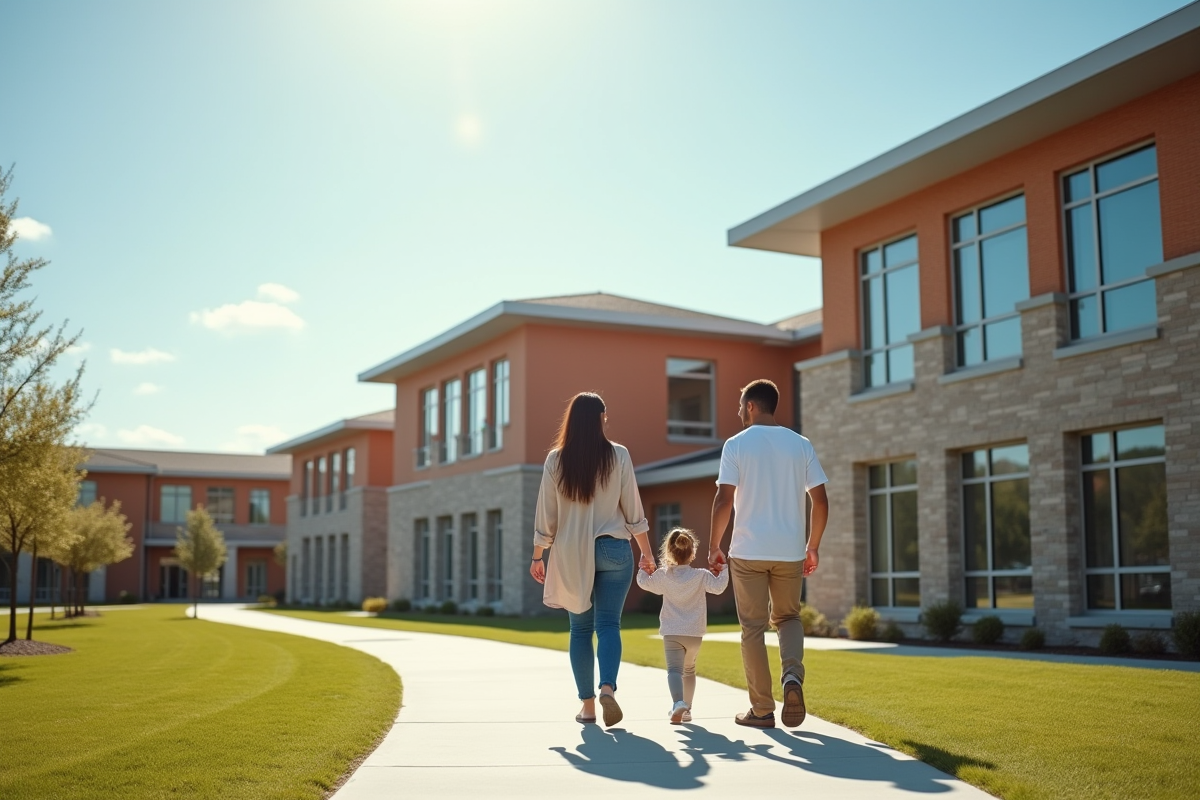 Famille marchant devant des écoles modernes en plein soleil
