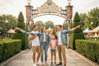Famille joyeuse devant l'entrée d'un parc d'attractions près de Lyon lors d'un week-end ensoleillé