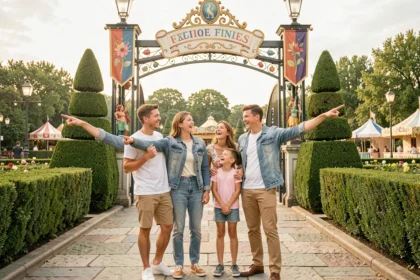 Famille joyeuse devant l'entrée d'un parc d'attractions près de Lyon lors d'un week-end ensoleillé