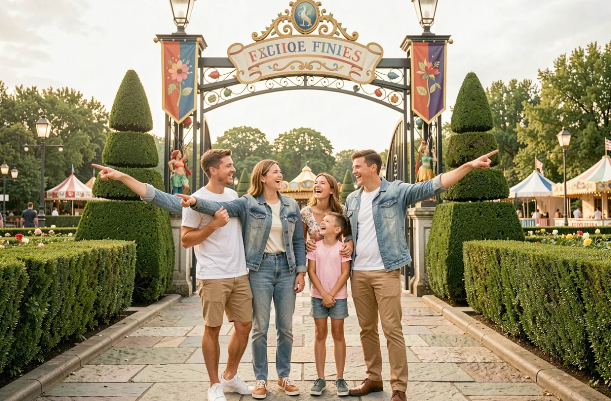 Famille joyeuse devant l'entrée d'un parc d'attractions près de Lyon lors d'un week-end ensoleillé