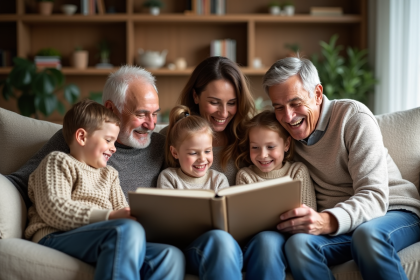Famille multigenerational souriante dans le salon chaleureux