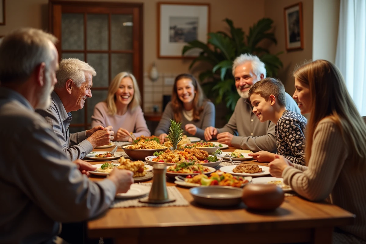 Famille multigénérationnelle d'origine moyen-orientale réunie autour d'un repas traditionnel à la maison