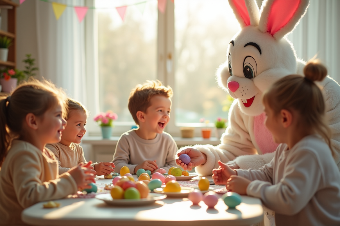 Famille joyeuse autour d'une table de Pâques décorée en salon lumineux