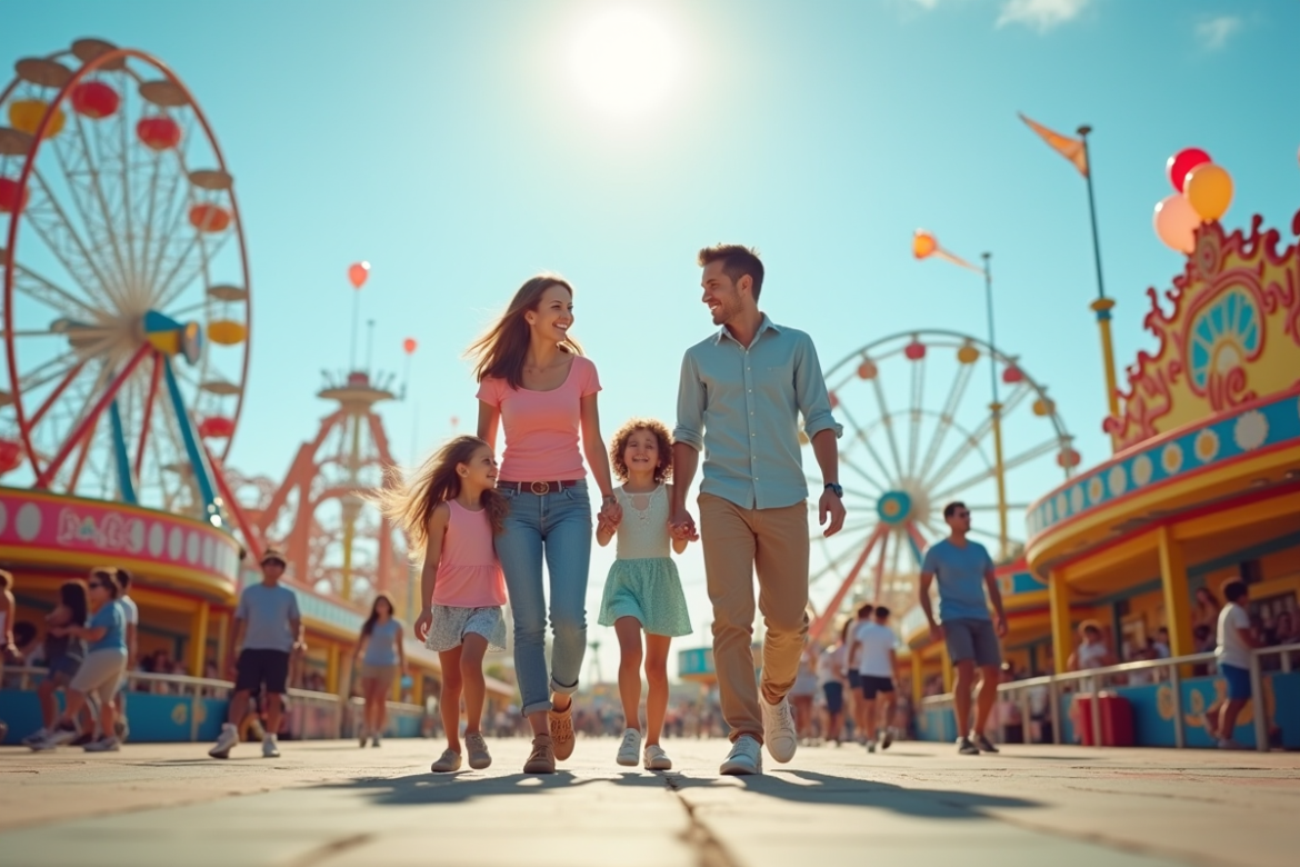Famille joyeuse entrant dans un parc d'attractions ensoleille