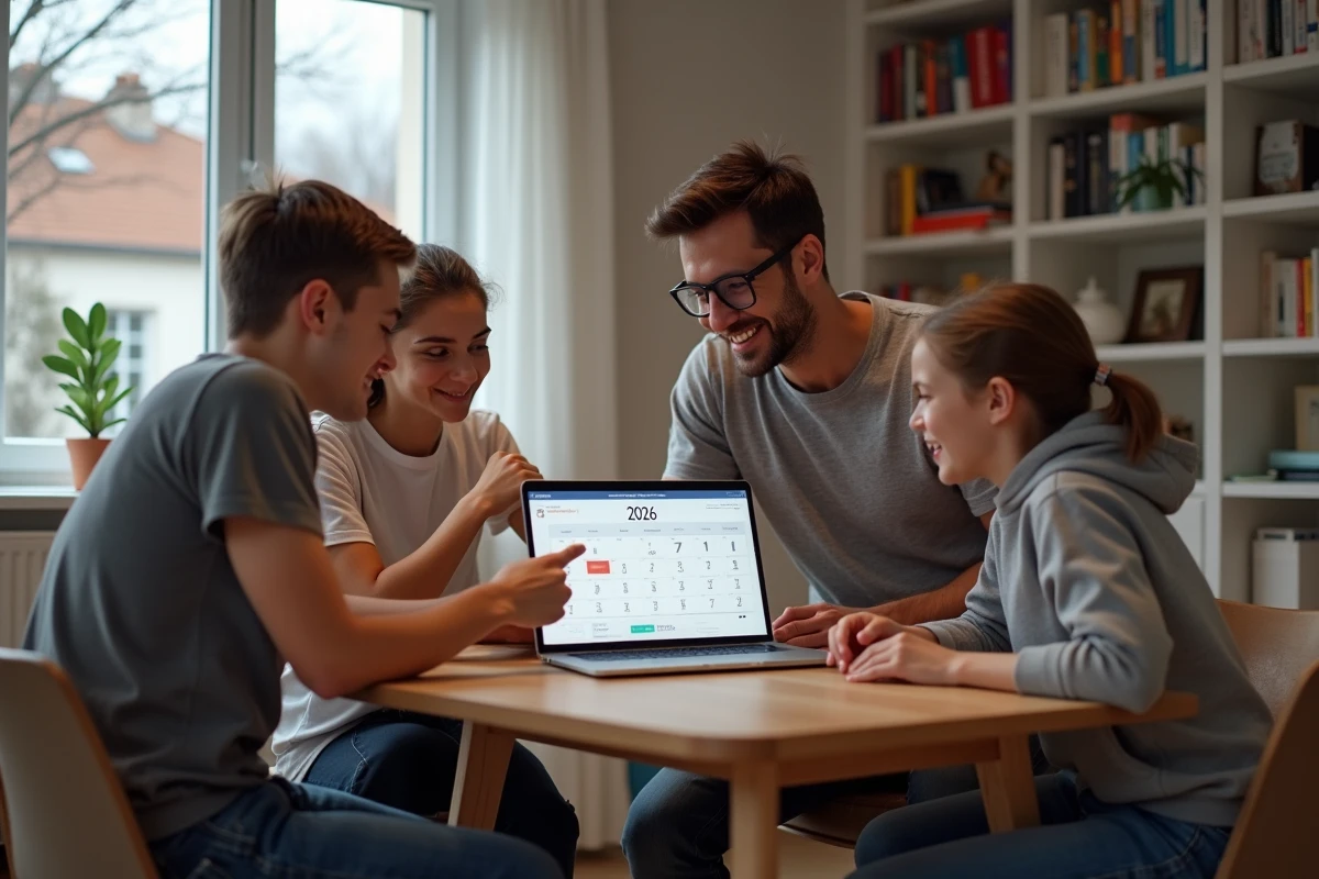 Famille consultant un calendrier 2026 en ligne pour planifier les ponts et vacances scolaires