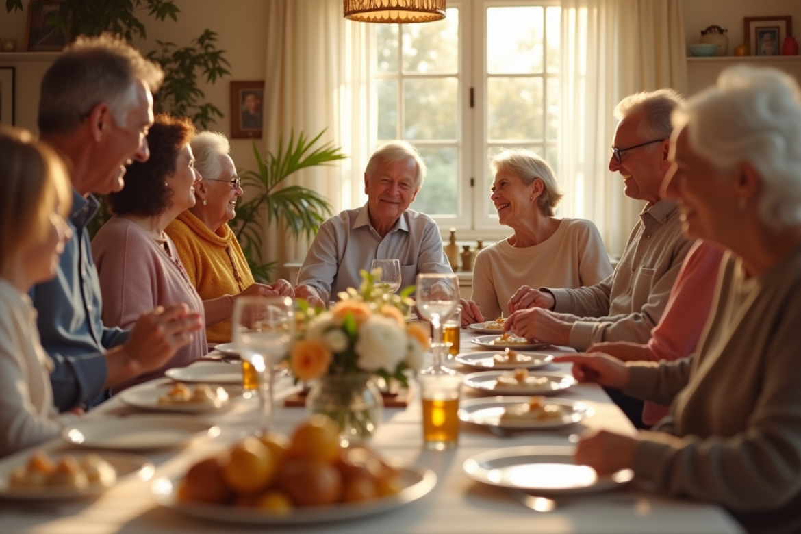 Famille multigenerale réunie autour d'un dîner ensoleillé