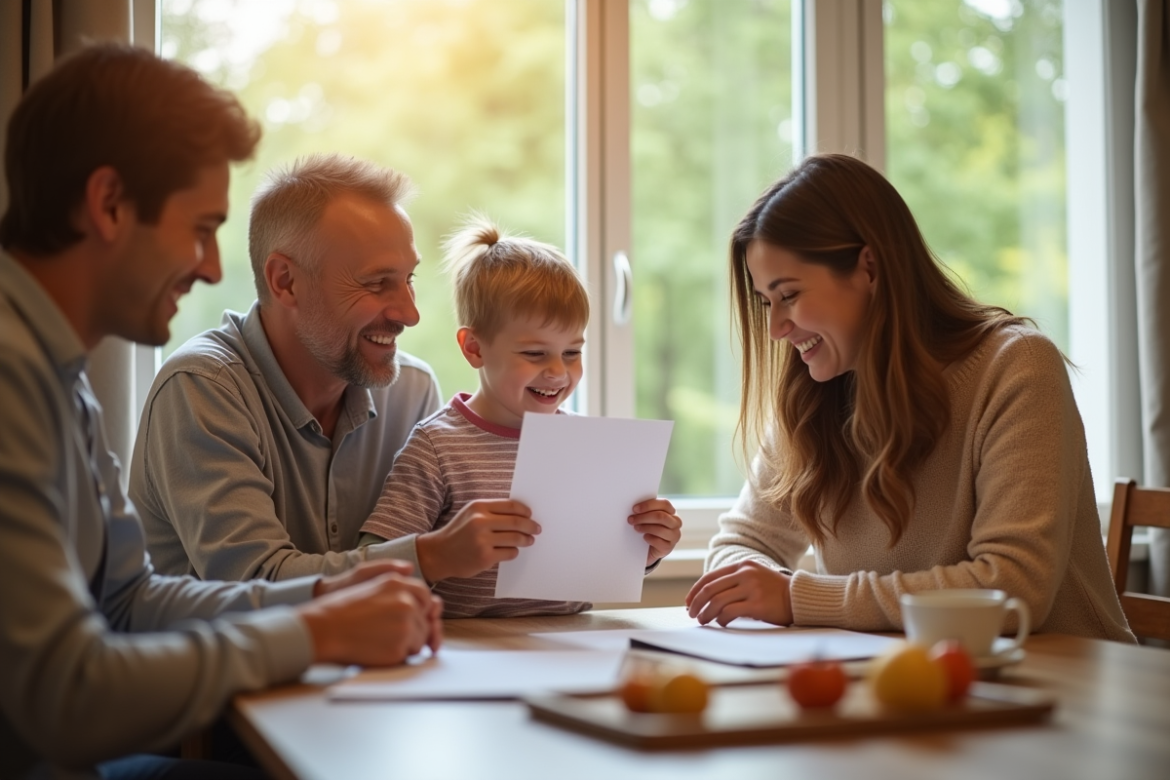 Famille heureuse félicitant leur enfant avec un bulletin scolaire