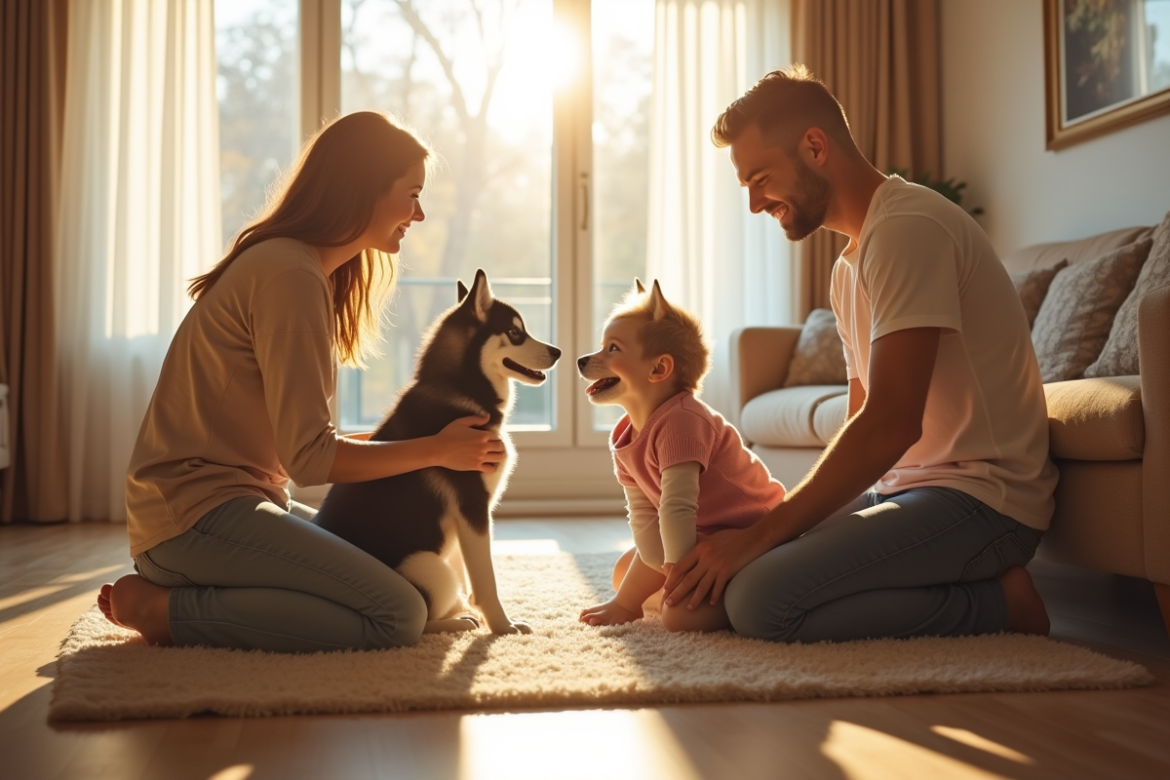 Famille heureuse dans un salon lumineux avec chiot husky