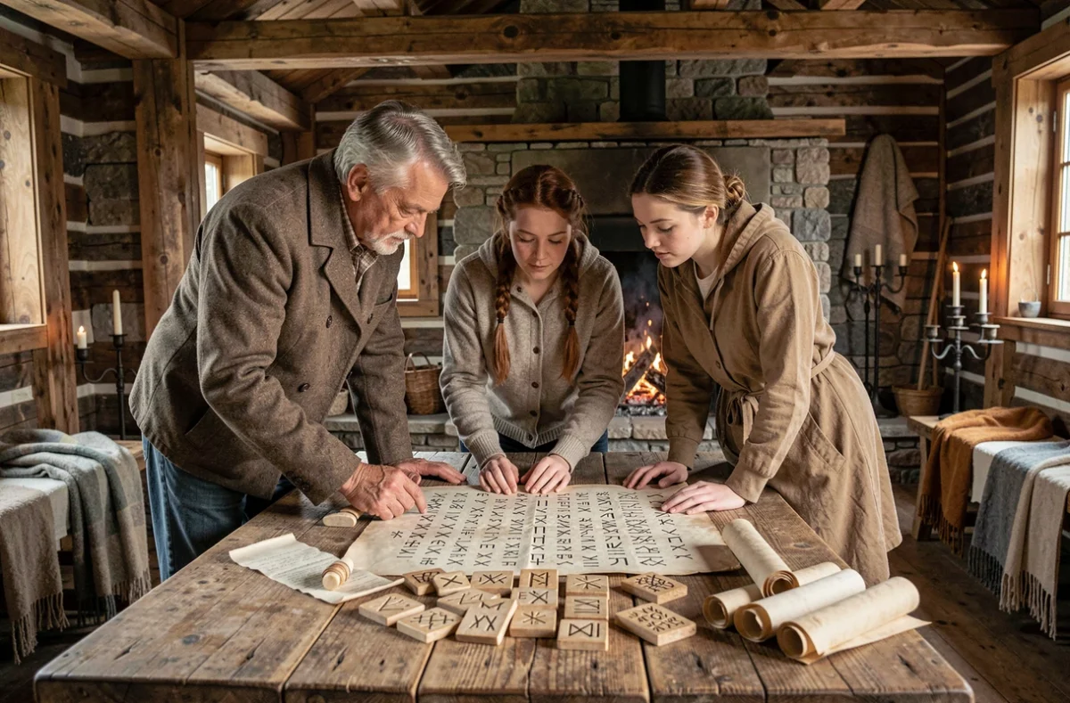 Famille viking multigénérationnelle étudiant des runes nordiques autour d'une table en bois dans une maison longue scandinave traditionnelle