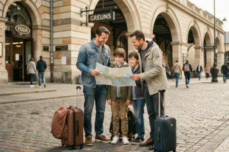 Famille de quatre personnes devant une gare européenne avec bagages, consultant une carte papier lors d'un voyage économique en Europe