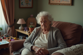 Femme agee fatiguee sur un sofa dans un interieur chaleureux