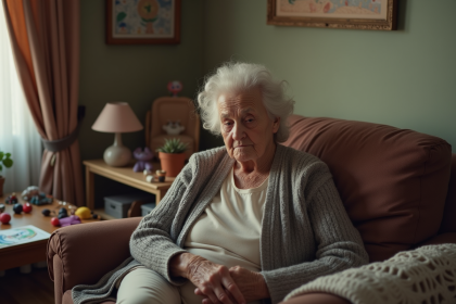Femme agee fatiguee sur un sofa dans un interieur chaleureux