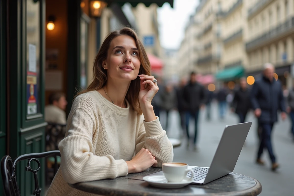 Femme assise au café à Paris avec ordinateur et café