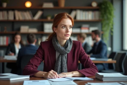 Femme en réunion dans une salle de rédaction moderne