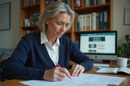 Femme consultant des documents administratifs de la CAF à son bureau après un signalement