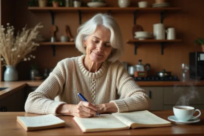Femme d'une cinquantaine d'années écrivant une lettre émouvante à la main sur du papier crème dans une cuisine chaleureuse, avec un carnet de proverbes ouvert à côté d'elle
