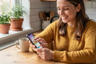 Femme envoyant une carte animée d'anniversaire gratuite depuis son smartphone dans une cuisine chaleureuse
