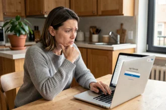 Femme frustrée devant son ordinateur portable affichant une erreur de connexion à son compte Orchestra