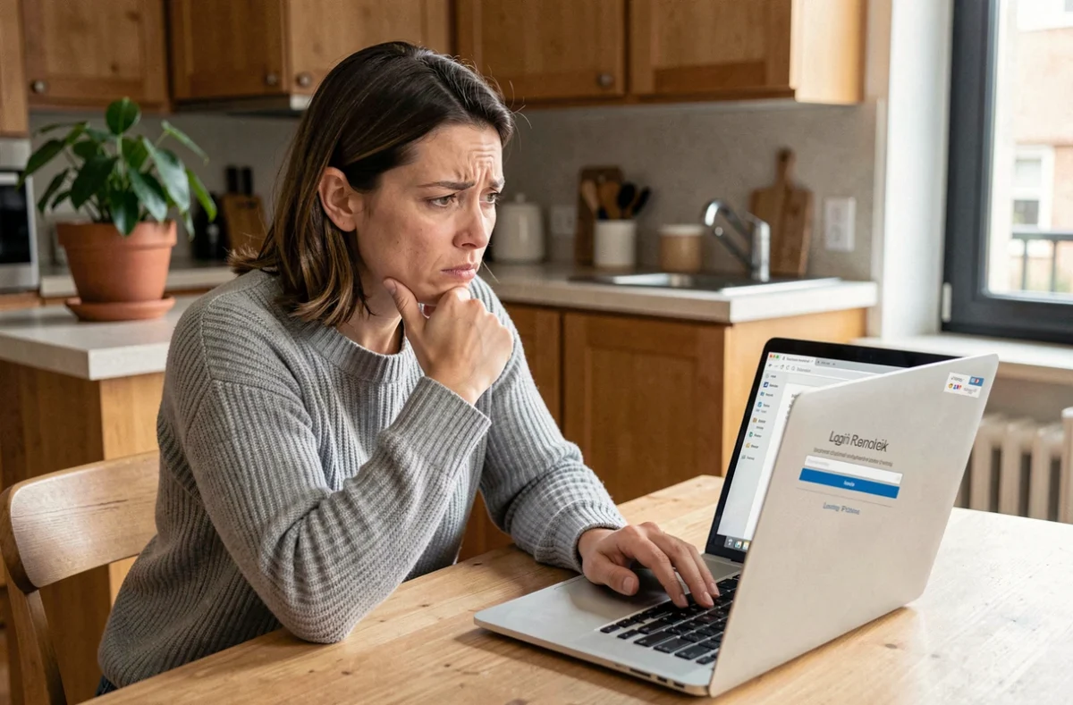 Femme frustrée devant son ordinateur portable affichant une erreur de connexion à son compte Orchestra