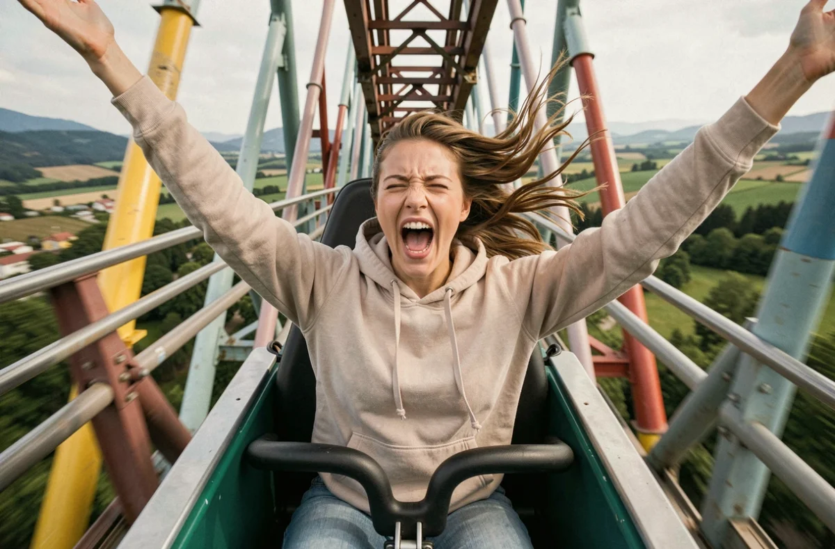 Jeune femme excitée sur un grand huit dans un parc d'attractions de la région lyonnaise