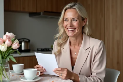 Femme de 40 ans en combinaison pastel souriant à une fête d'anniversaire