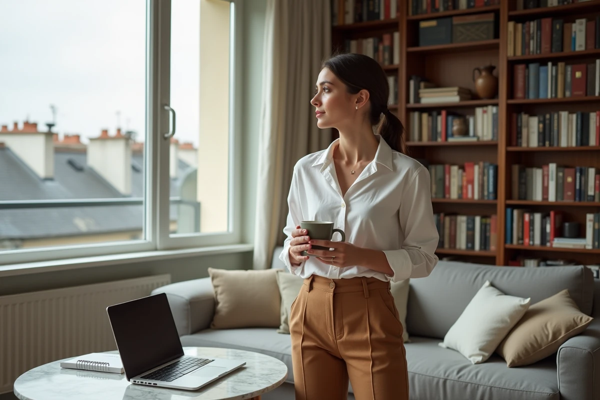 Femme de médias dans son appartement parisien, ambiance intimiste évoquant les coulisses d'une vie professionnelle et personnelle accomplie