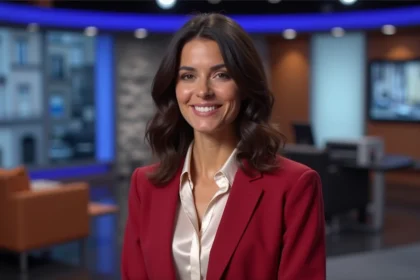 Femme d'origine italienne avec une présence télévisuelle forte dans un studio de talk-show français moderne