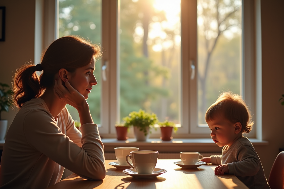 Femme pensante à la maison avec un enfant jouant en arrière-plan