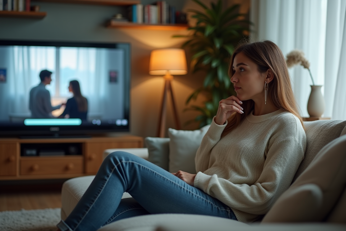 Femme pensant dans un salon scandinave cosy