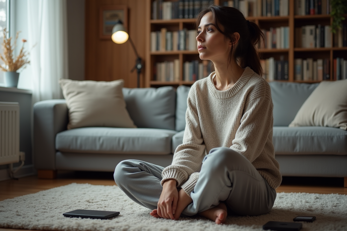 Jeune femme pensive assise sur un tapis dans le salon