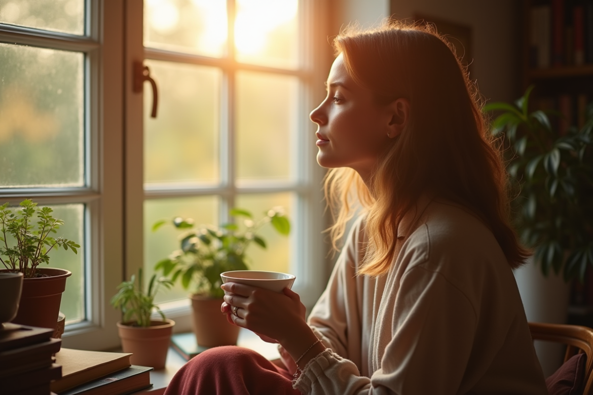 Femme réfléchie buvant une tasse de thé dans la lumière naturelle